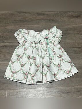 Peaches N Cream 12 Months Infant Dress White Green Floral Ruffle Puff Sleeve VTG
